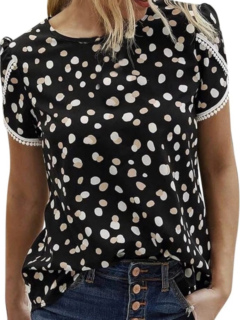 Pretty Gardens, NWT, Black Short Sleeve Blouse w Cream Polka Dots P2P:20”